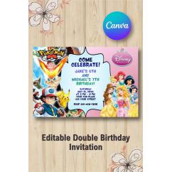 Twin Pokémon and Disney Princesses Invitation | Canva Template